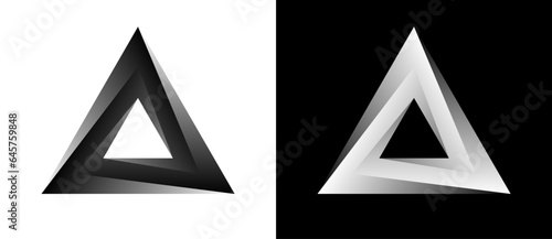 Geometric triangle shape as modern design element, logo or icon. A dark figure on a white background and an equally light figure on the black side.