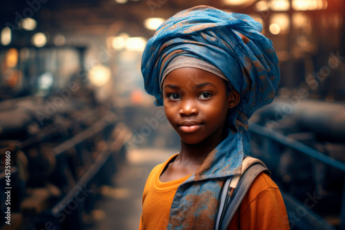 Innocence Amidst Industry: A Portrait of a Small African Black Girl with a Blurred Textile Factory in the Background, Highlighting Child Labor.   © Mr. Bolota