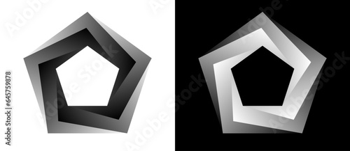 Geometric pentagon shape as modern design element or icon. Black shape on a white background and the same white shape on the black side.