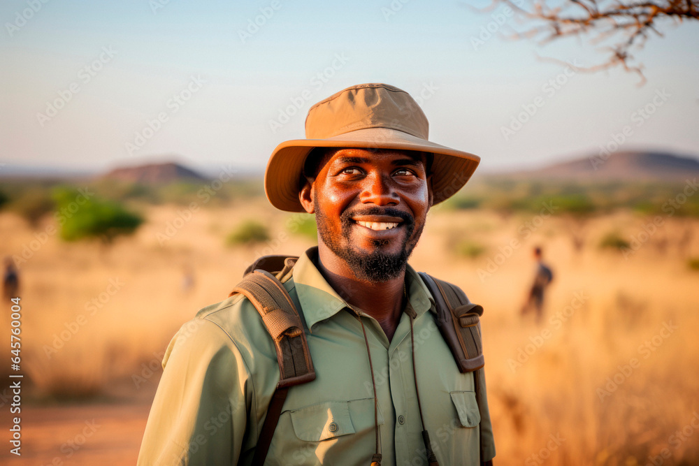 Fototapeta premium Wildlife Adventure Navigator: Capturing the Skill and Knowledge of a South African Man Serving as a Male Guide on Safari Expeditions.