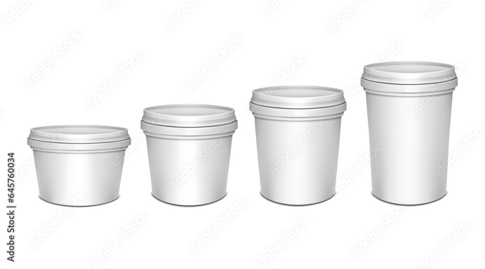 White blank plastic bucket with lid. Vector mockup set. Pail round container packaging kit realistic mockup. Template for design White blank plastic bucket with lid. Vector mockup set. Pail round container packaging kit realistic mockup. Template for design