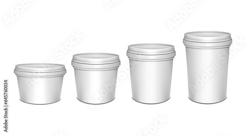 White blank plastic bucket with lid. Vector mockup set. Pail round container packaging kit realistic mockup. Template for design