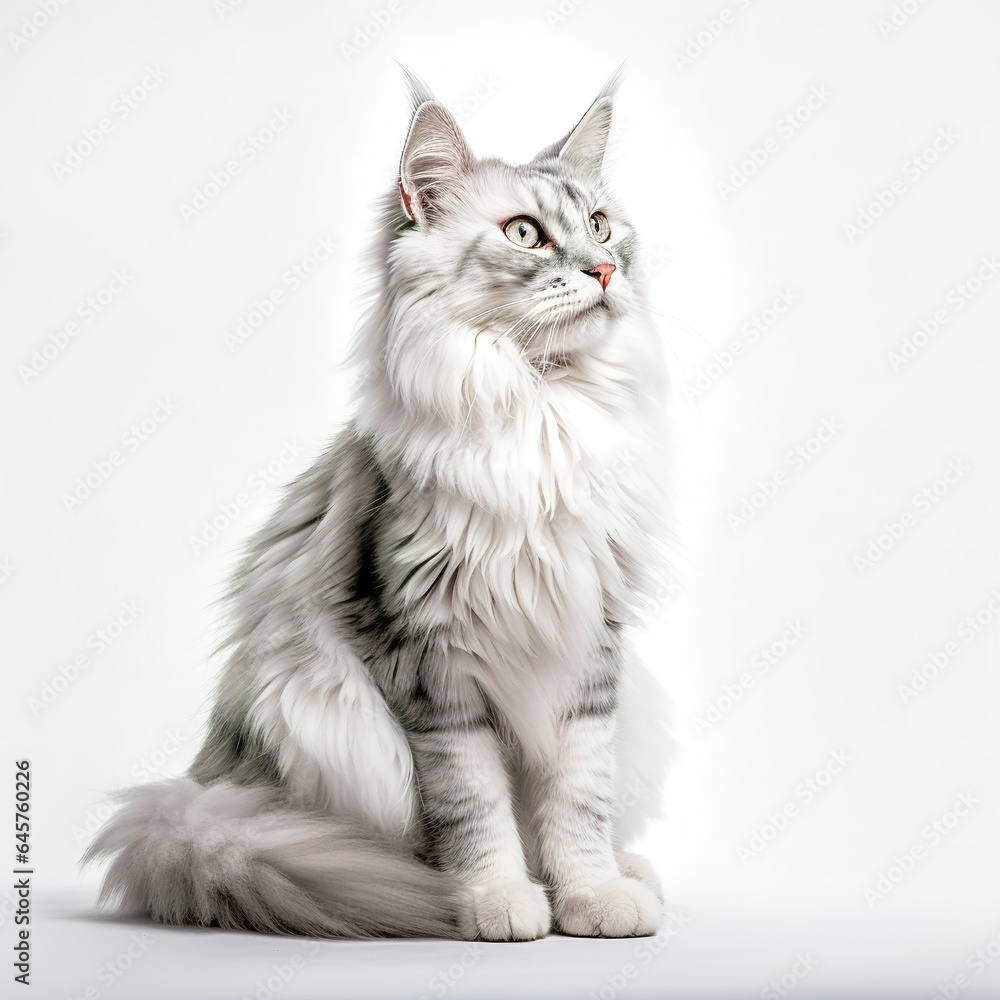 A minimalist photograph of a cat in front of a solid white color background