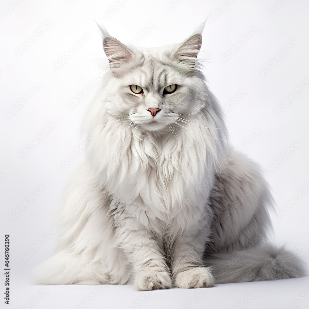 A minimalist photograph of a cat in front of a solid white color background