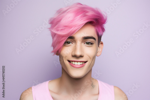 Photo portrait made by generative AI of non binary person with bright pink hair gay lgbt parade