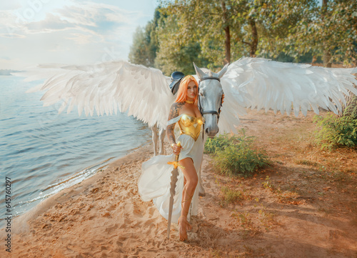 Art photo real people Fantasy woman warrior queen hand strocking white horse with wings pegasus animal. goddess girl sexy princess holds magic sword in hands. summer nature water river sea lake river photo