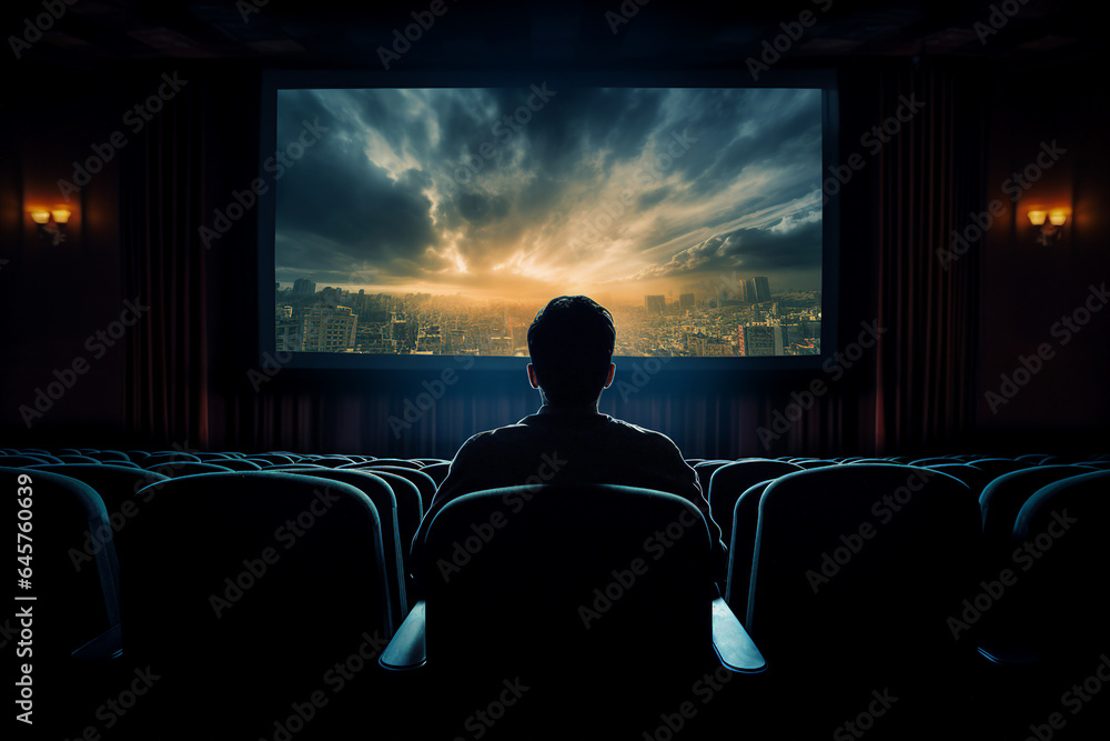 Generative AI technology illustration young student person watching cinema premiere movie have fun - obrazy, fototapety, plakaty 
