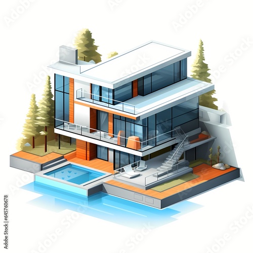 3D isometric illustration of a modern building, house (Generative AI) © FEROHORA