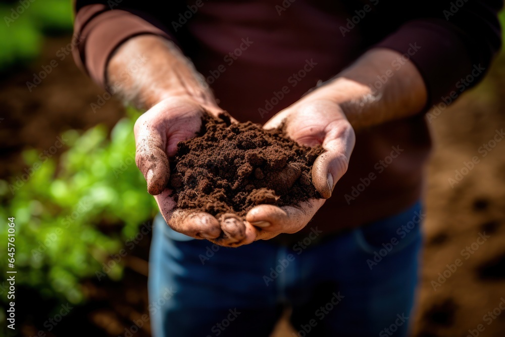 close-up farmer's hands holding soil sample, soil health in sustainable farming practices