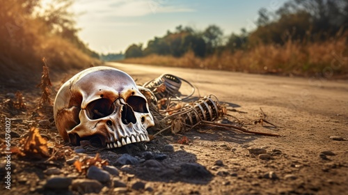 skull near the road. Attention Danger on the roads Accidents Murder