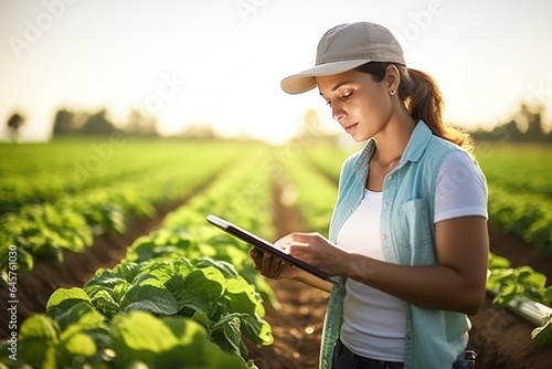 female agronomist farmer using digital tablet for precise plant evaluation right in the field.