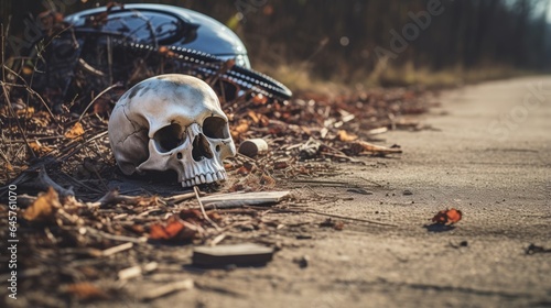 skull near the road. Attention Danger on the roads Accidents Murder