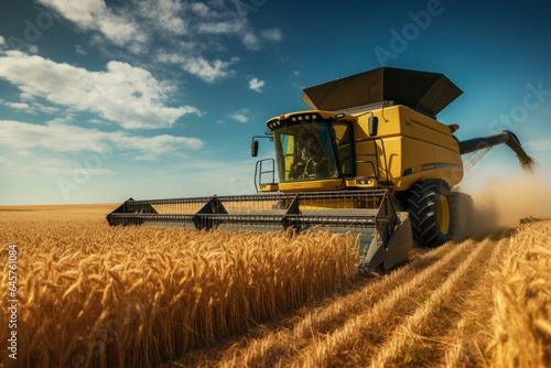 A combine harvester gracefully reaps corn in a golden field, celebrating the harvest's splendor.