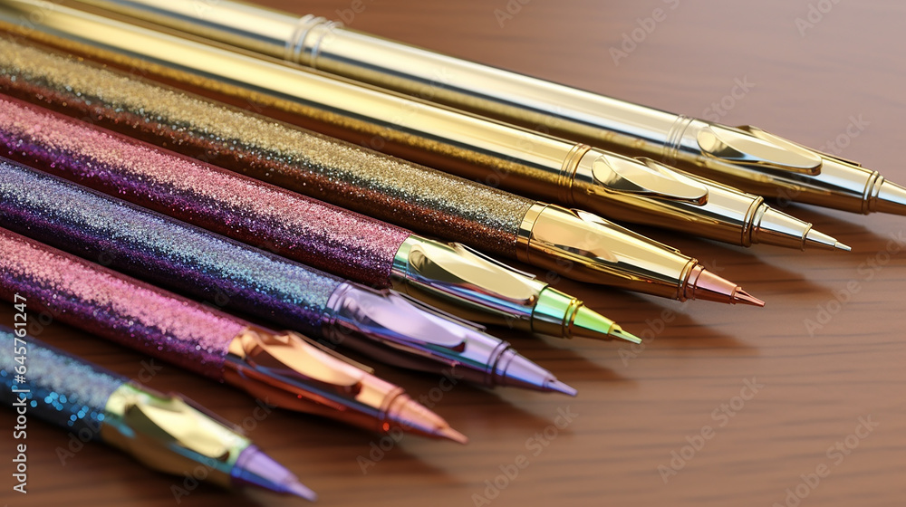 Fototapeta premium Colorful shiny pens on a light background close-up