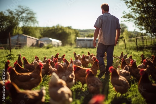 Foto farmer tends to free-range chickens in a green, earth-friendly farming ambiance
