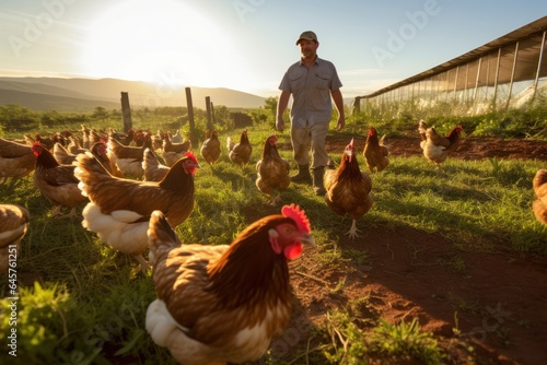 Leinwand Poster farmer nurtures free-range chickens in a sustainable, nature-friendly farming environment