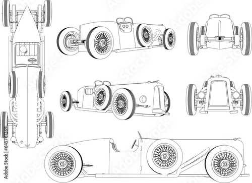 Sketch vector illustration of classic old retro racing car design for collection stash
