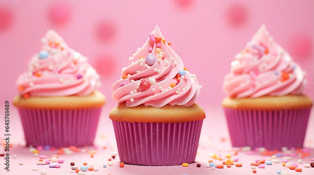 Tasty cupcakes sweets on pink background close up