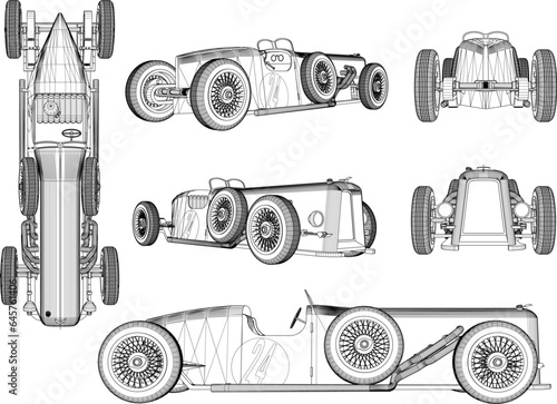 Sketch vector illustration of classic old retro racing car design for collection stash