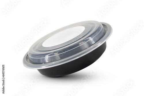 Black plastic food containers with transparent lid and white cardboard label 01