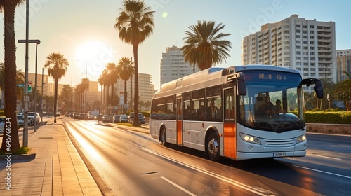 a white bus driving down a street next to tall buildings