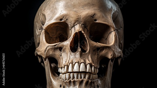 The anatomical of the human skull showed teeth and skeletons. Feel the isolated  dark  dead face  horror and spooky concept