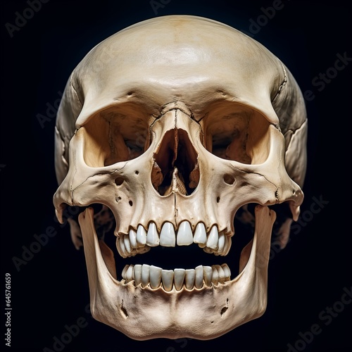 The anatomical of the human skull showed teeth and skeletons. Feel the isolated, dark, dead face, horror and spooky concept