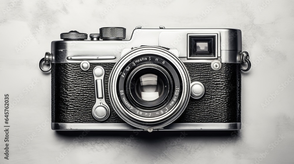 Vintage camera on black and white background. Retro style toned picture. Minimalistic concept