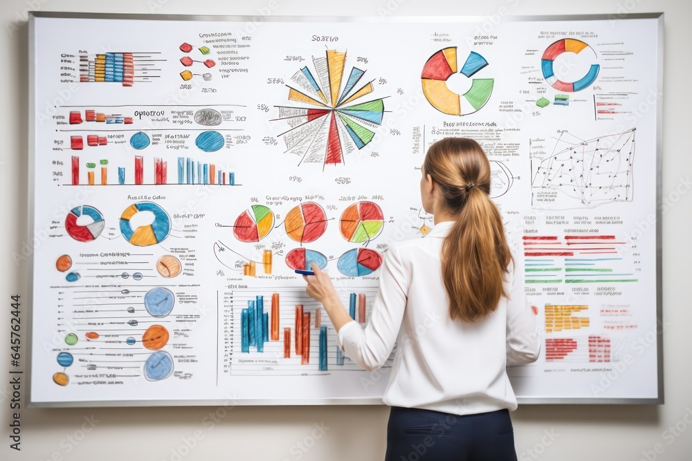 Financial creativity: vibrant markers and charts, woman brings budget to life on a whiteboard.. Financial creativity: vibrant markers and charts, woman brings budget to life on a whiteboard..