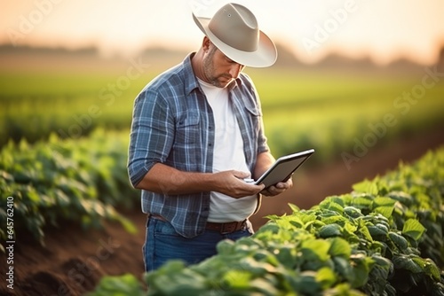 Cutting-edge analysis  agronomist farmer inspects plant using digital tablet right in field