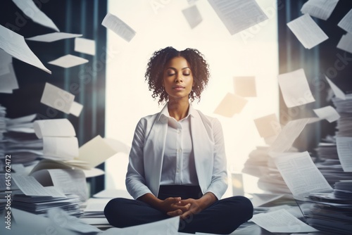 woman meditates amidst swirling bills, embodying financial wellness and tranquility.