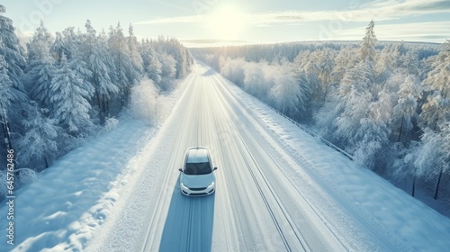 White car driving on winding road through snowy forest, sun light. Concept winter travel, aerial view