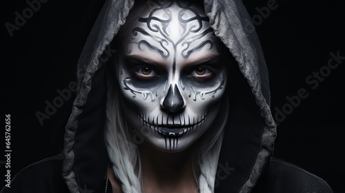 Woman with skull makeup in hood looks at camera, Halloween face art