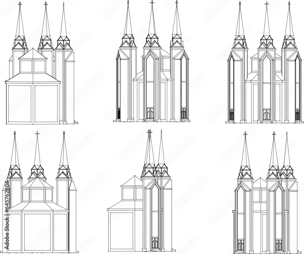 Sketch vector illustration of holy church architectural design with 3 glass filled towers