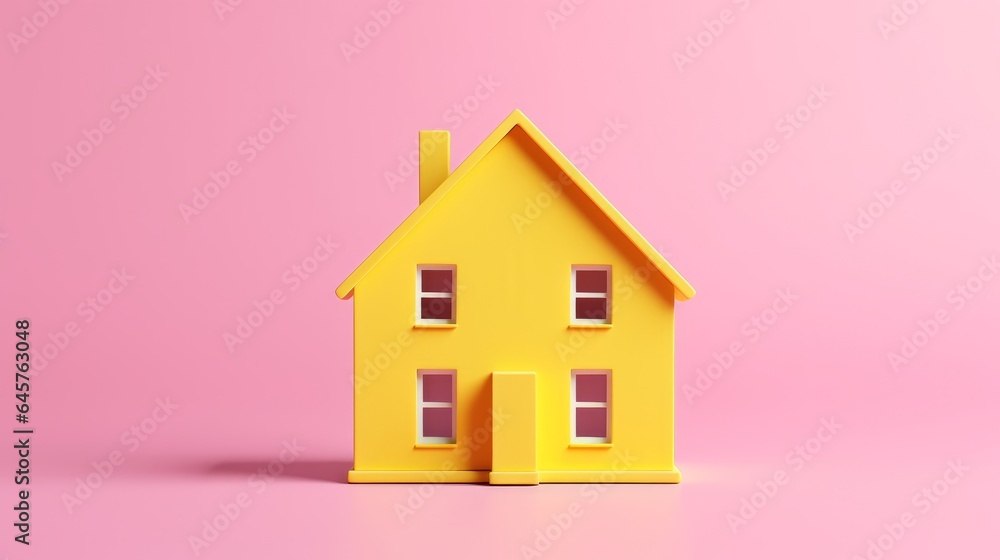 Yellow House on pink background. Contract creation service, document formation, application form composition. Minimalism concept. 3d illustration
