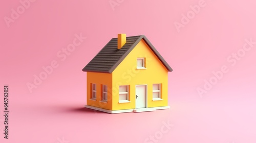 Yellow House on pink background. Contract creation service  document formation  application form composition. Minimalism concept. 3d illustration