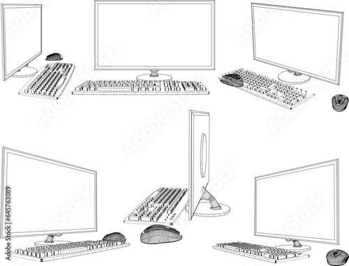 Sketch vector illustration of personal computer with mouse and keyboard