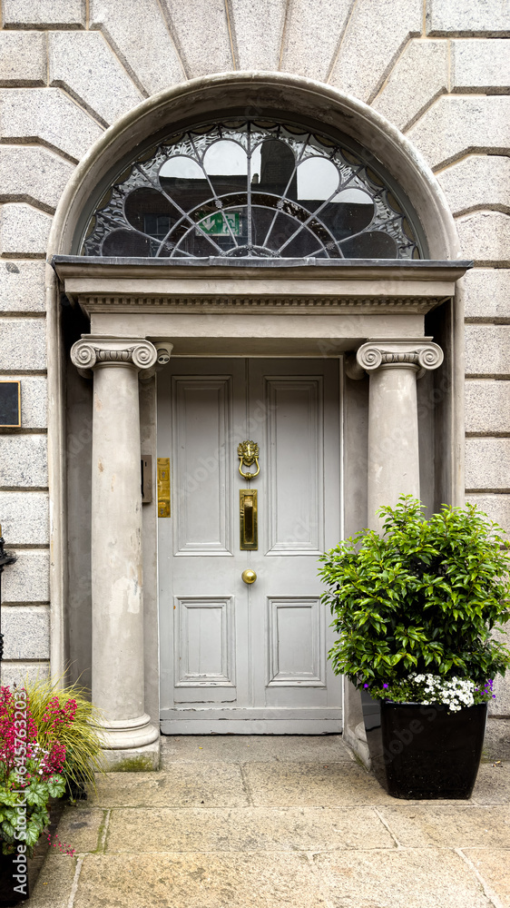 A famous gray painted Georgian door in Dublin, Ireland	