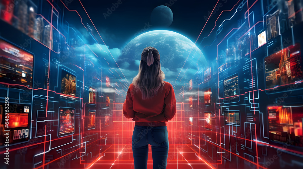 Girl and holographic data screens. Concept of metaverse, cyber world or cyberspace Girl and holographic data screens. Concept of metaverse, cyber world or cyberspace