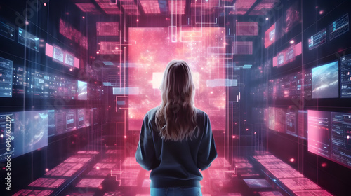 Girl and holographic data screens. Concept of metaverse, cyber world or cyberspace