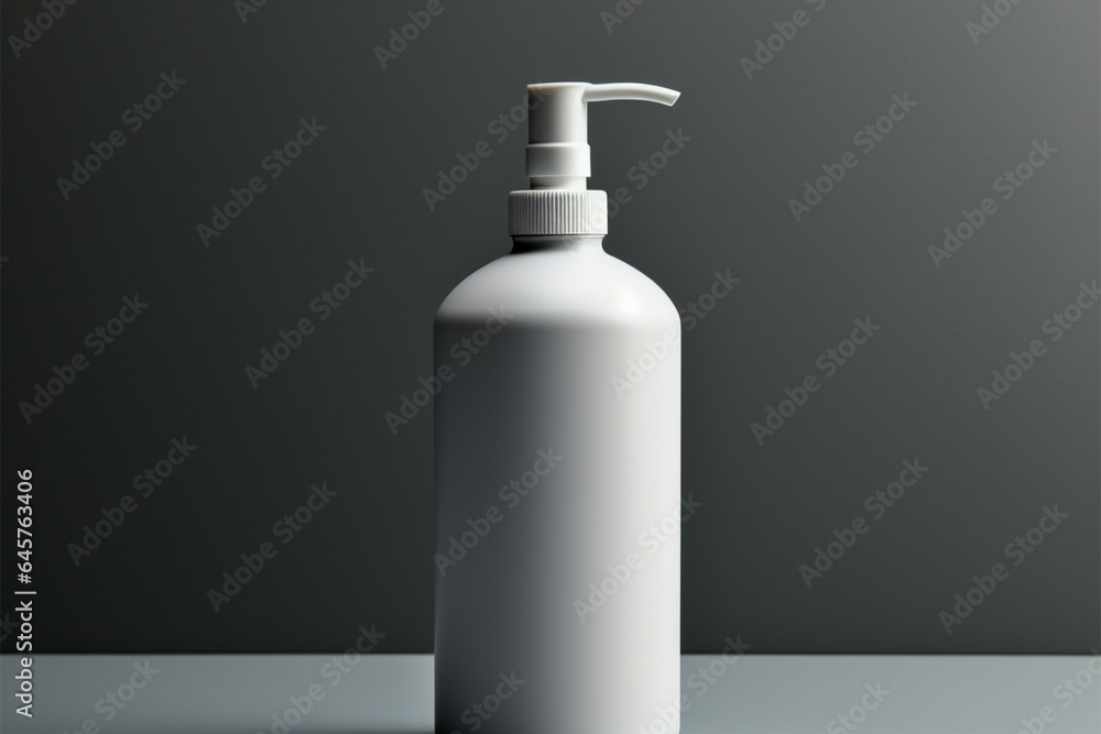 A gray canvas hosts a white pump bottle, modern aesthetics A gray canvas hosts a white pump bottle, modern aesthetics