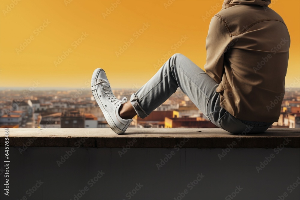 a person sitting on a ledge with their feet up - obrazy, fototapety, plakaty 