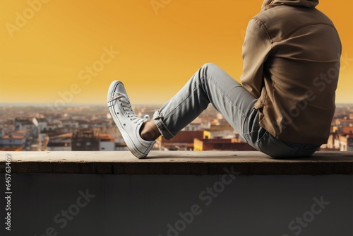 Fototapeta a person sitting on a ledge with their feet up