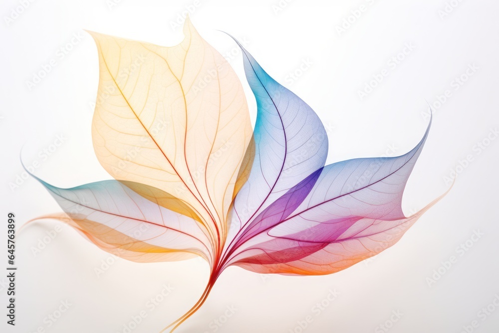 Fototapeta premium Colorful Leaf in Abstract Design with Bright Shades, Showcasing Transparency and Translucency on a Clean White Background, a Captivating Blend of Art and Nature's Vibrant Beauty