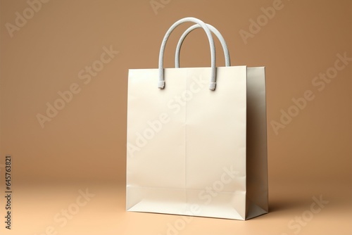 Beige backdrop highlights a white paper bag equipped with handle