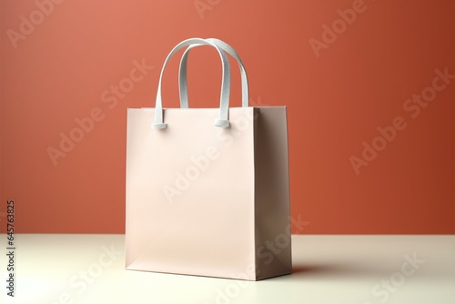 Beige backdrop highlights a white paper bag equipped with handle