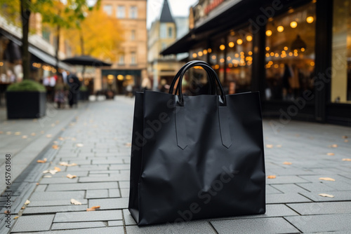 Black shopping bag casually rests on the streets bustling sidewalk