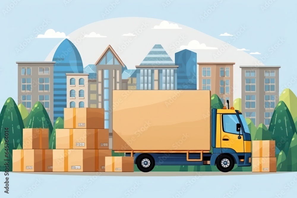Moving to a new house service—truck with boxed furniture, an illustration of furniture delivery.