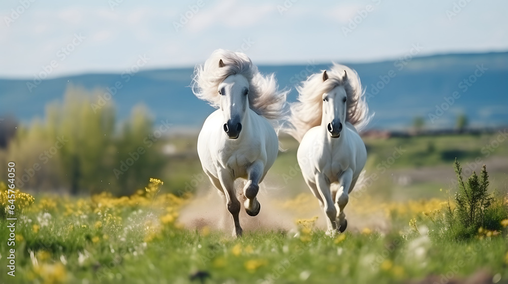 Fototapeta premium Two white horses running together at the countryside