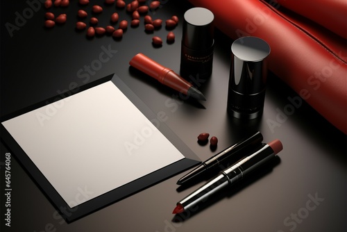 Contrasting elements on a black table white paper  lipstick  and more